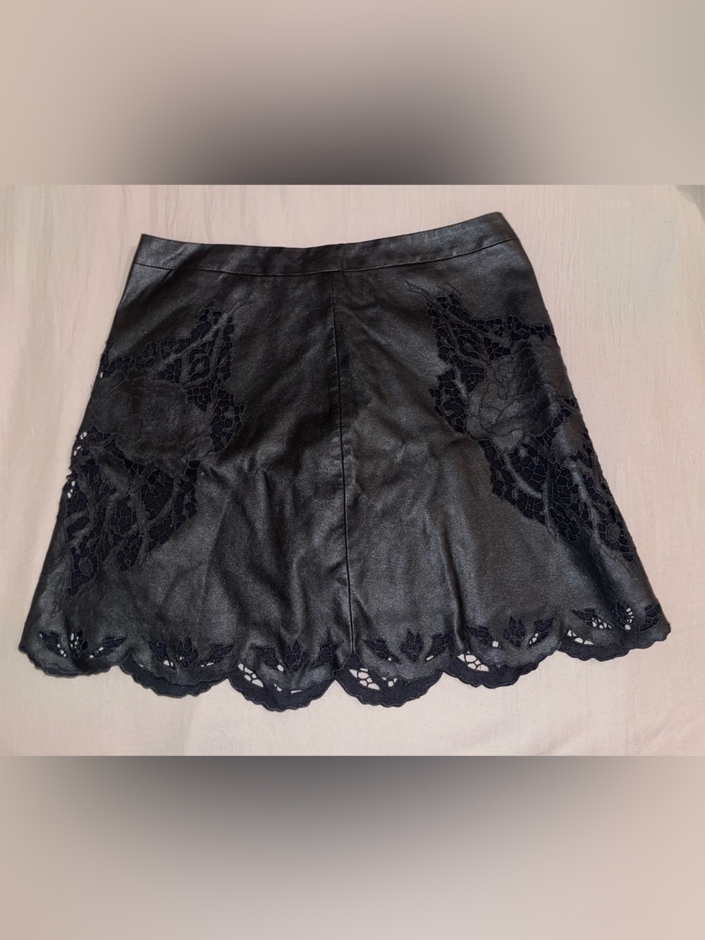 BCBGMaxAzria Black Faux-Leather Skater Skirt with Lace Trim